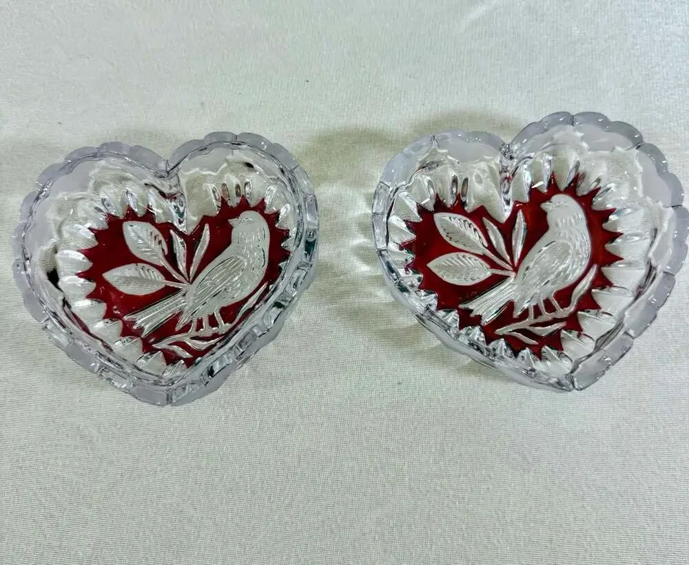 Hofbauer Byrdes Ruby Collection Heart-Shaped Crystal Trinket Dishes - Pair